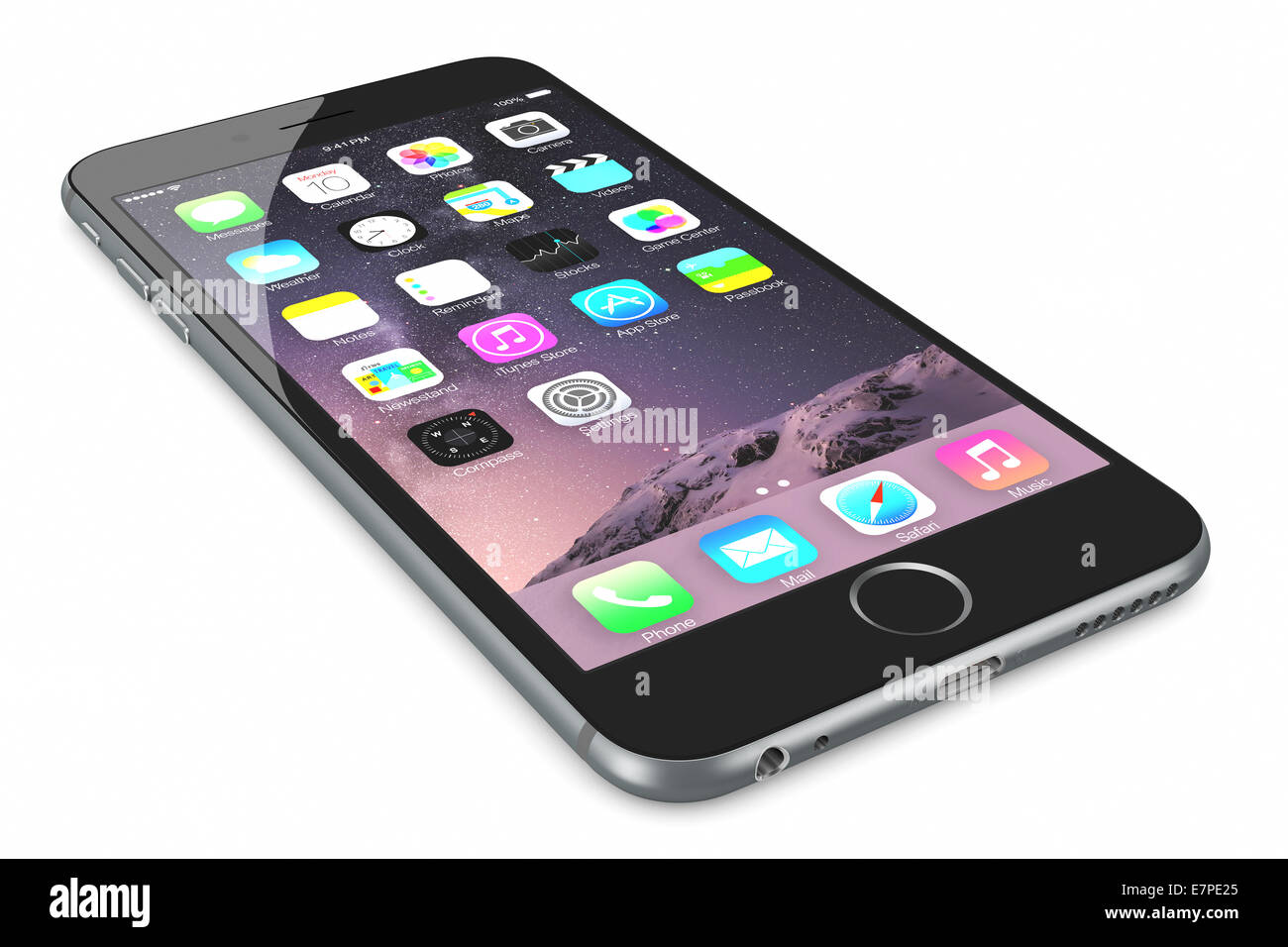Galati, Romania - September 18, 2014: Apple Space Gray iPhone 6 Plus showing the home screen with iOS 8.The new iPhone with high Stock Photo