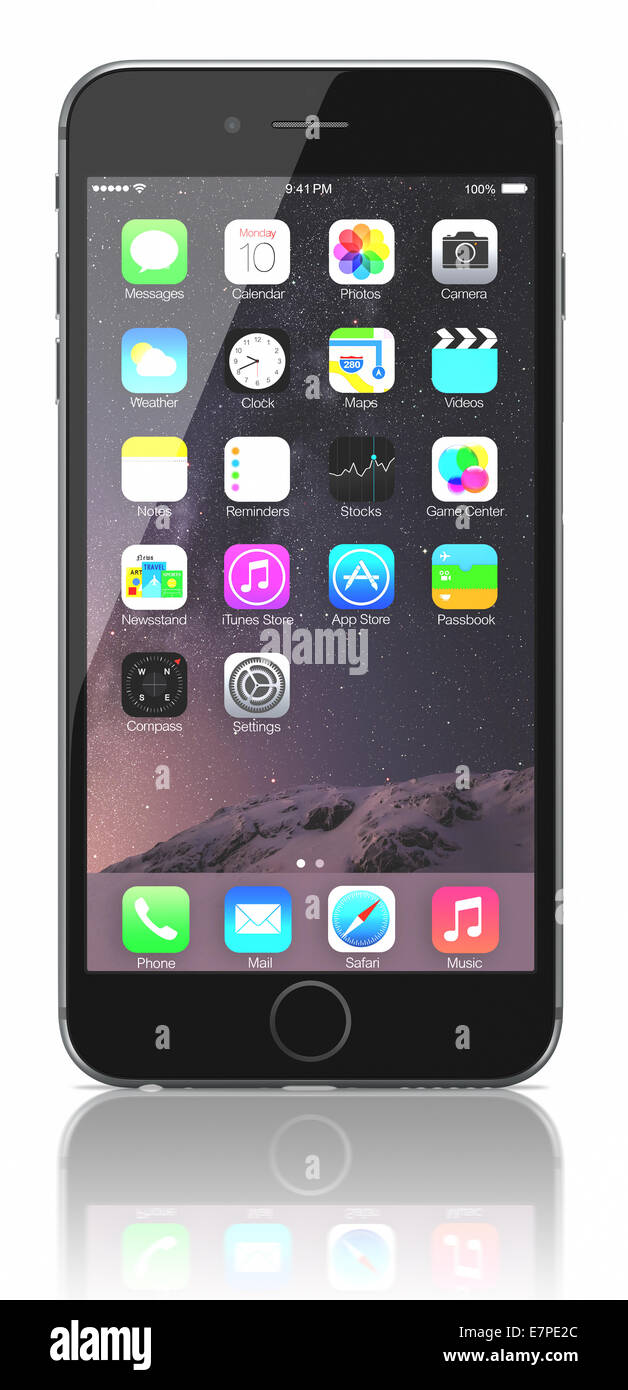 Apple Space Gray iPhone 6 Plus showing the home screen with iOS 8. Stock Photo