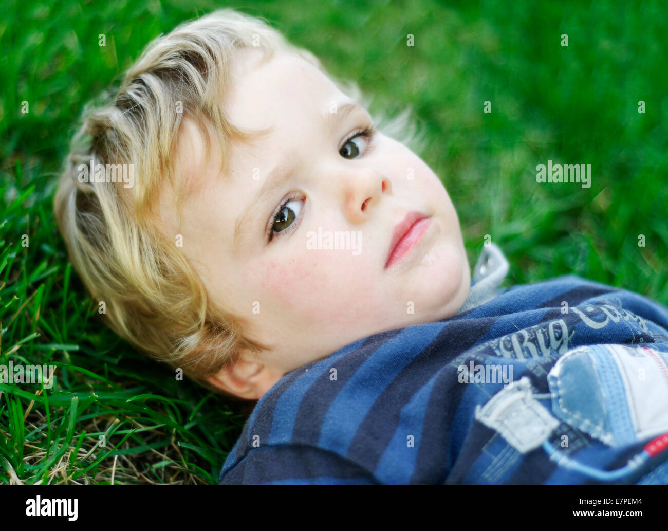Portrait of a young boy (2 1/2 yrs old) lying on grass Stock Photo