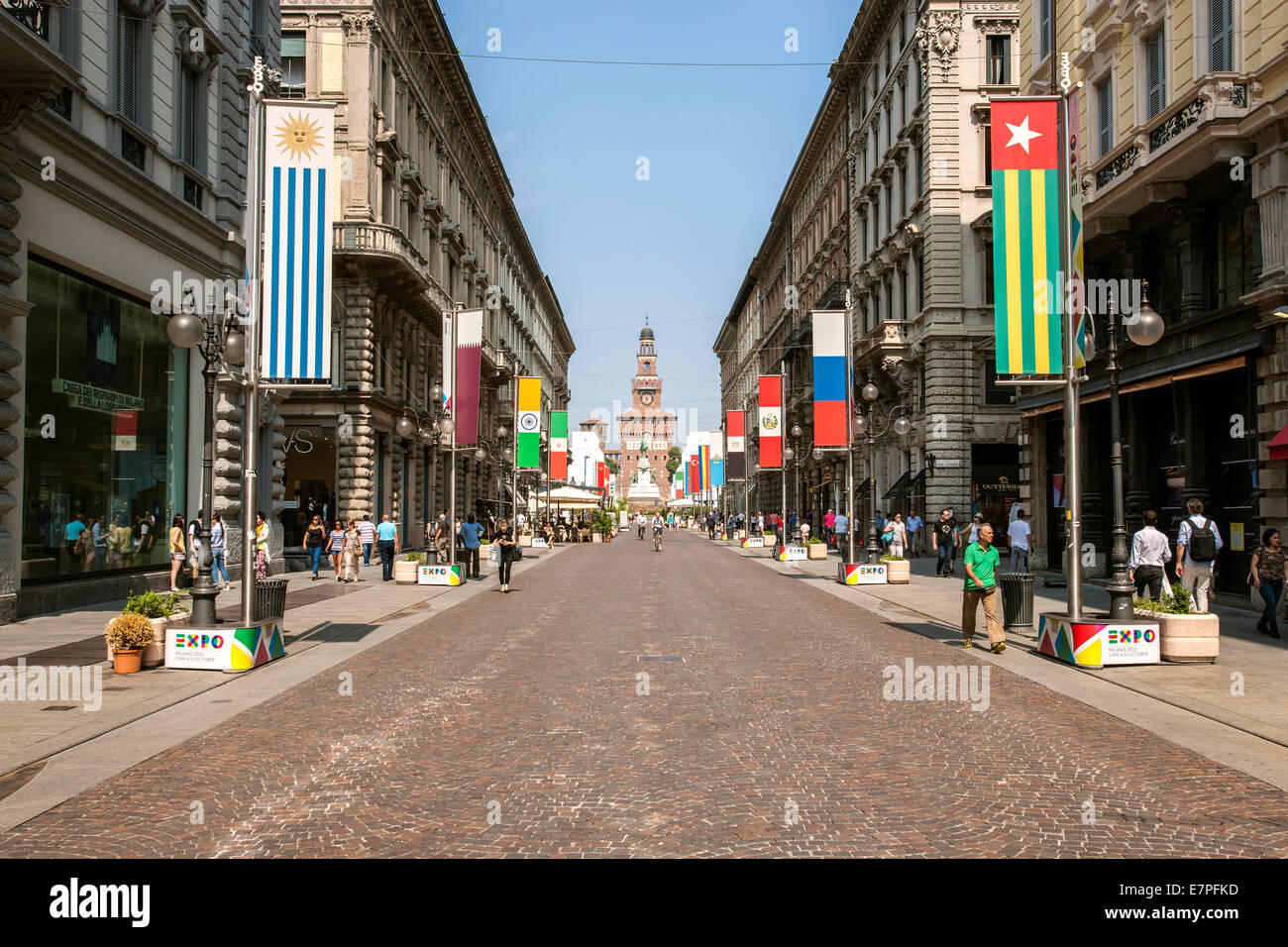 Milano, Milan, Expo 2015, EXPOGATE, travel,  Fair Universal, Exposition, castle Sforzesco,  city, town, infopoint,  via Dante Stock Photo