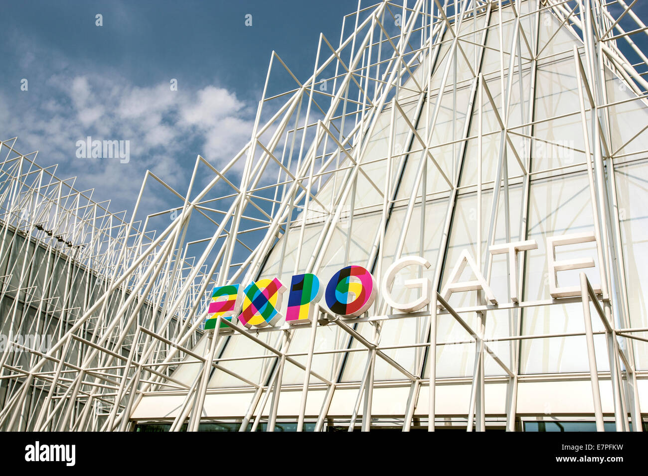 Milano, Milan, Expo 2015, EXPOGATE, travel,  Fair Universal, Exposition, castle Sforzesco,  city, town, gate, infopoint, Stock Photo