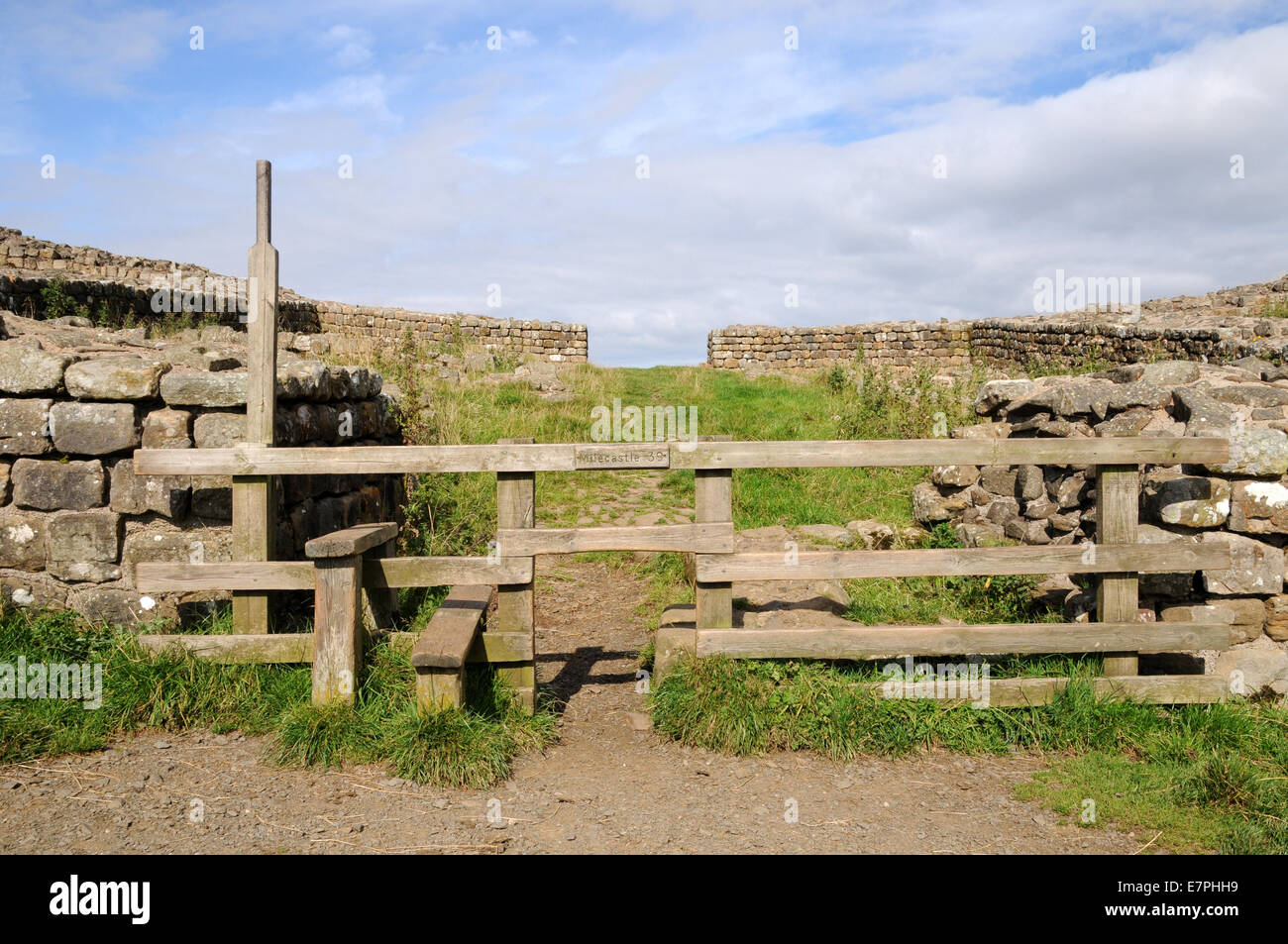The well signposted, styled and dog friendly path leading to Hadrian's Wall Path north of Haltwhistle in Northumbria. Stock Photo