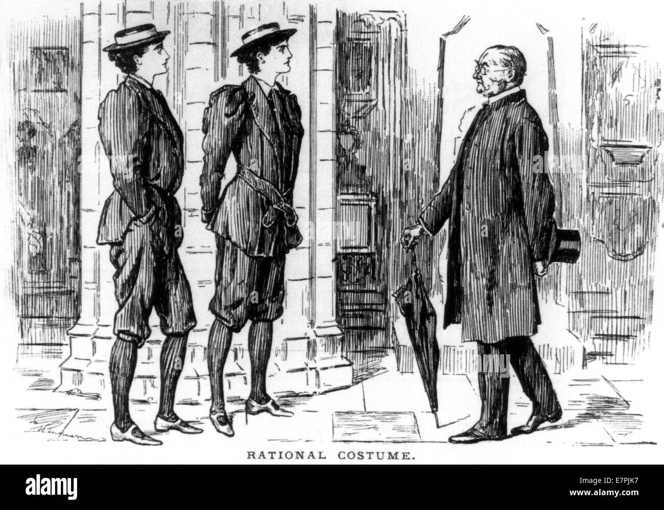 CYCLING DRESS A Vicar is confused by women cyclists refusing to remove their hats in this 1896 Punch cartoon - see Description Stock Photo