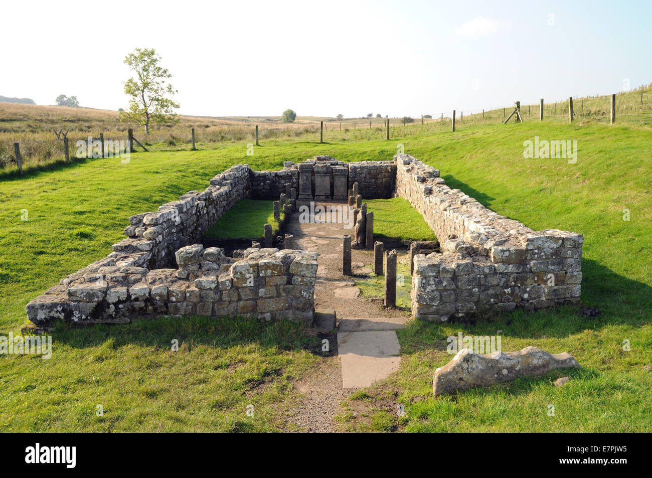 Overview of the Mithraeum near Hadrian's Wall. The temple was dedicated to the god Mithras and was popular with Roman soldiers. Stock Photo