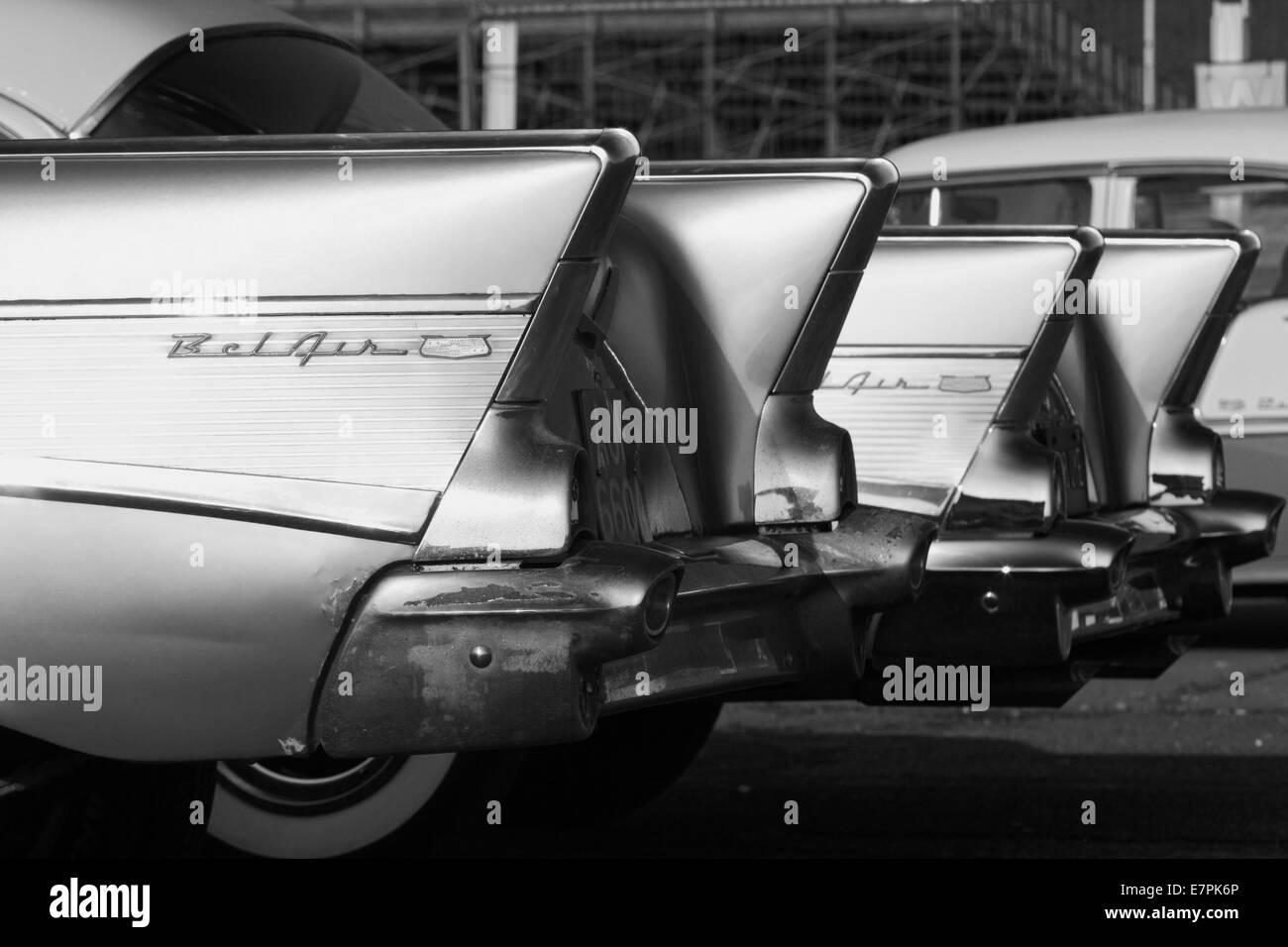 Tail fin on 1950s Chevrolet. Chevy. Classic American car Black And white Stock Photo