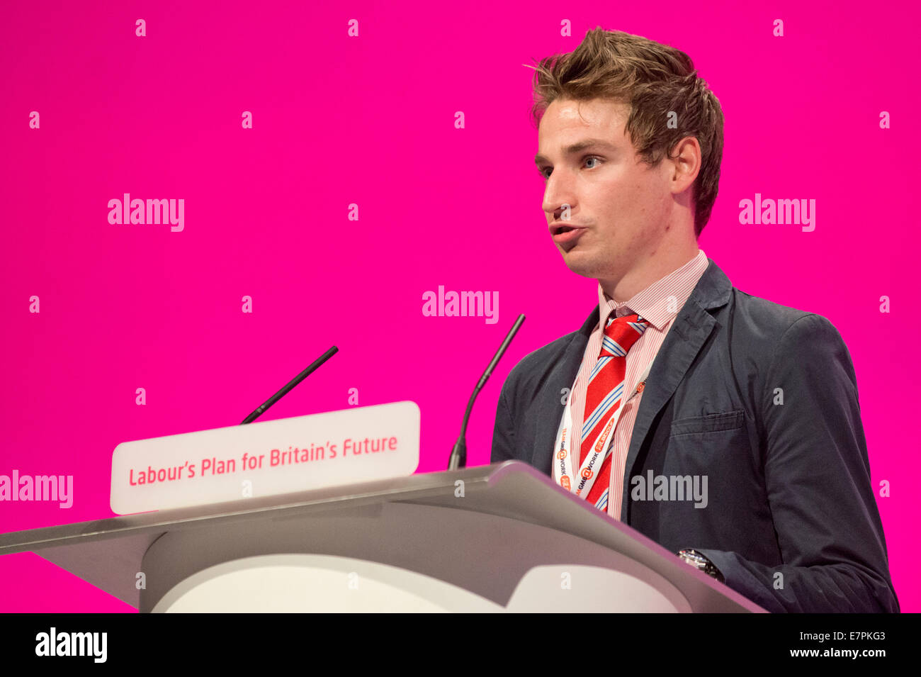 MANCHESTER, UK. 22nd September, 2014. Elliot Dean, Labour Party Youth Officer in the Maidstone and The Weald Constituency, addresses the auditorium on day two of the Labour Party's Annual Conference taking place at Manchester Central Convention Complex Credit:  Russell Hart/Alamy Live News. Stock Photo