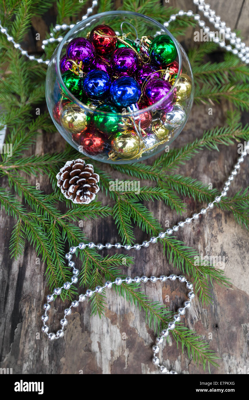 Colorful Christmas balls on wooden background Stock Photo - Alamy