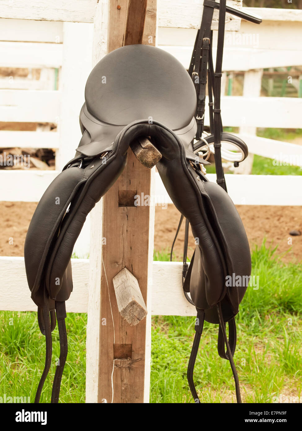 dressage saddle at  the bracket. outdoor Stock Photo