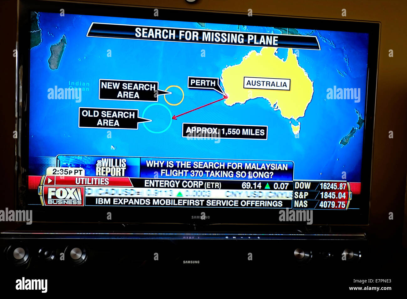 TV Screen Map of Plane Crash Search Area Television Information Stock Photo