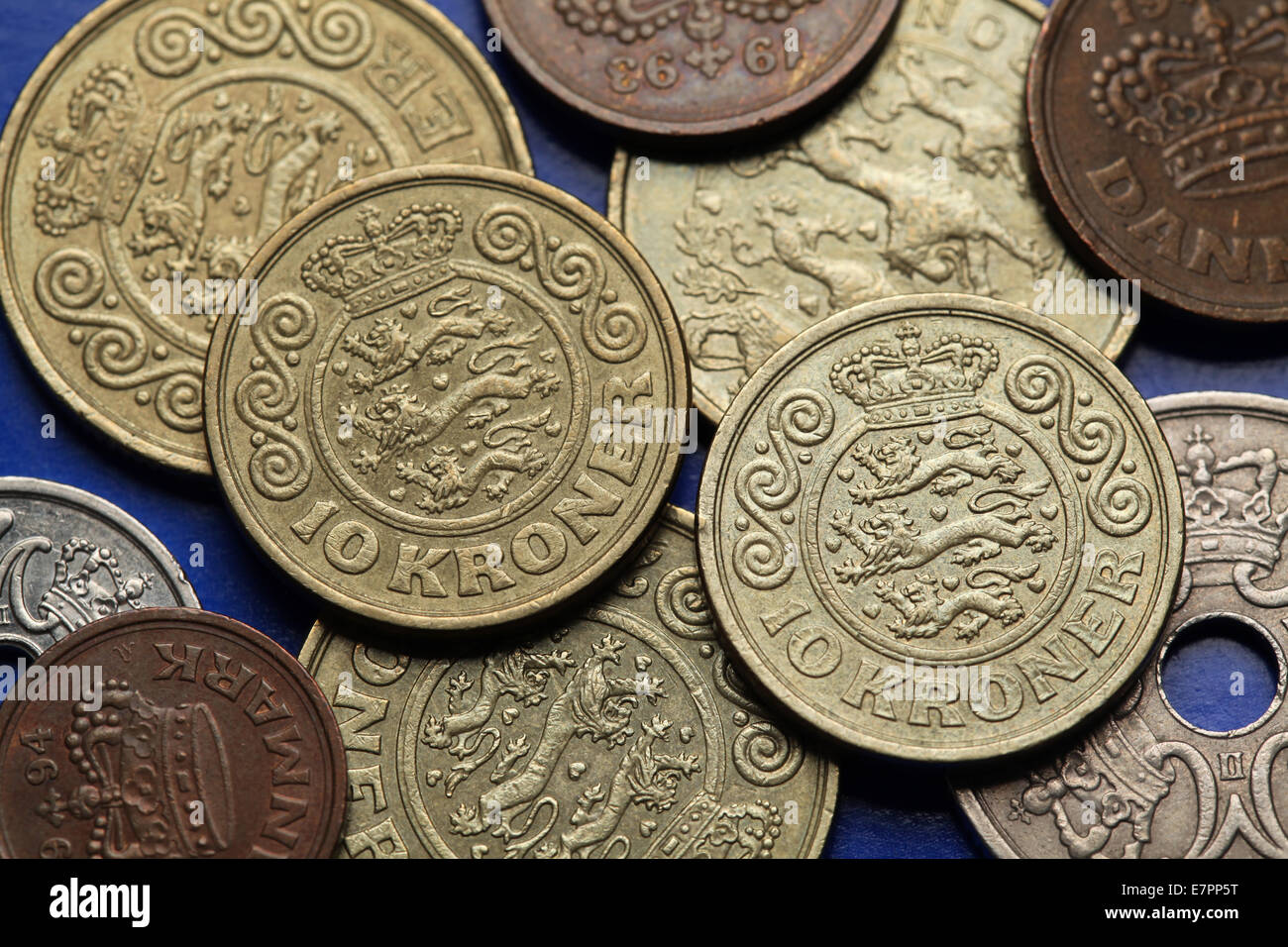 Coins of Denmark. Danish national coat of arms depicted in Danish krone coins. Stock Photo