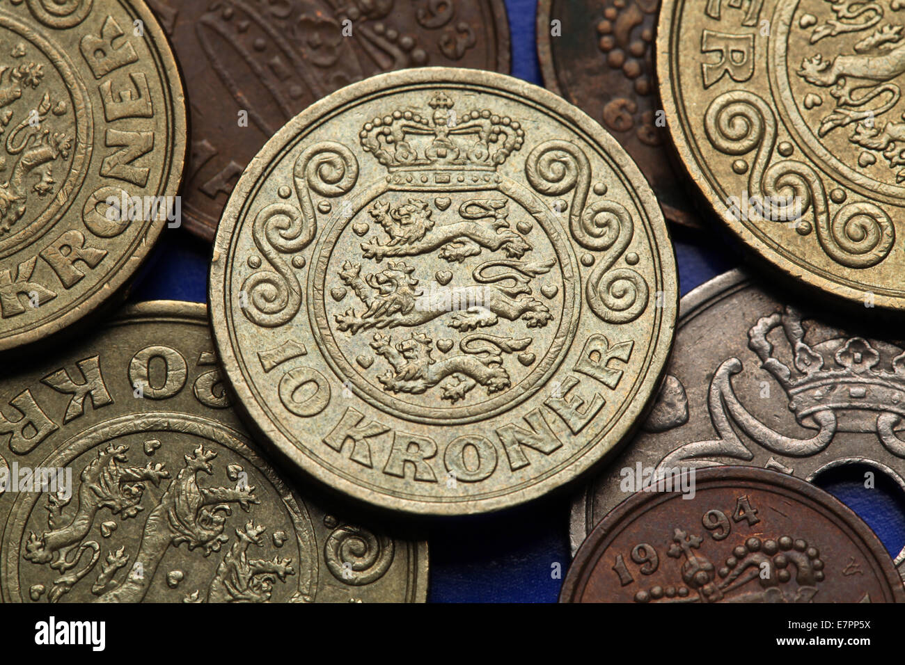 Coins of Denmark. Danish national coat of arms depicted in Danish krone coins. Stock Photo