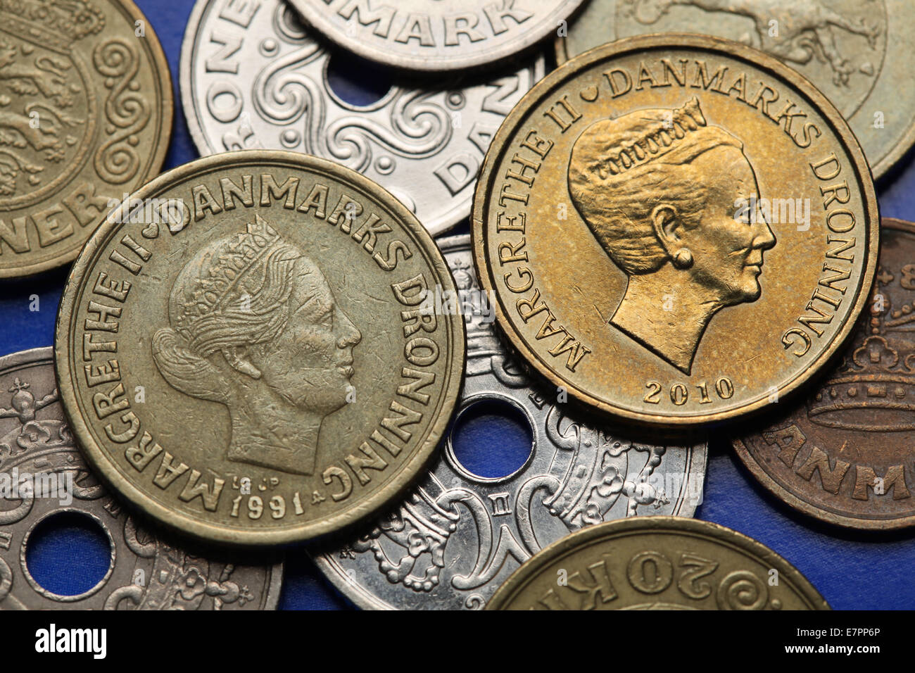 Coins of Denmark. Queen Margrethe II of Denmark depicted in Danish krone  coins Stock Photo - Alamy