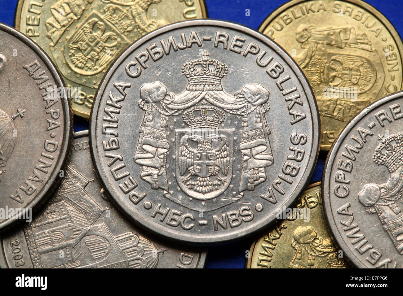Coins of Serbia. Serbian national coats of arms depicted in Serbian dinar coins. Stock Photo