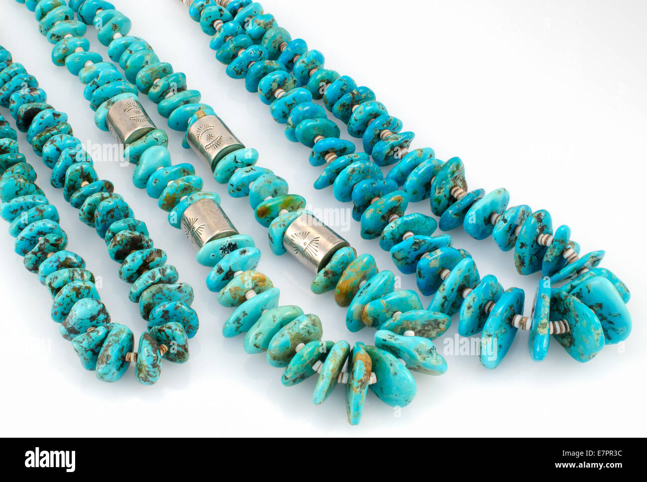 Navajo Turquoise Nugget Necklaces with Silver Beads. Stock Photo