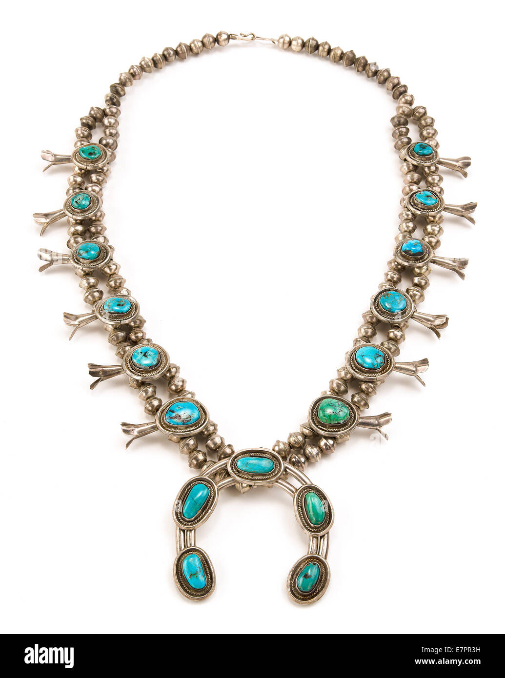Navajo Sterling Silver and Turquoise Squash Blossom Necklace. Stock Photo