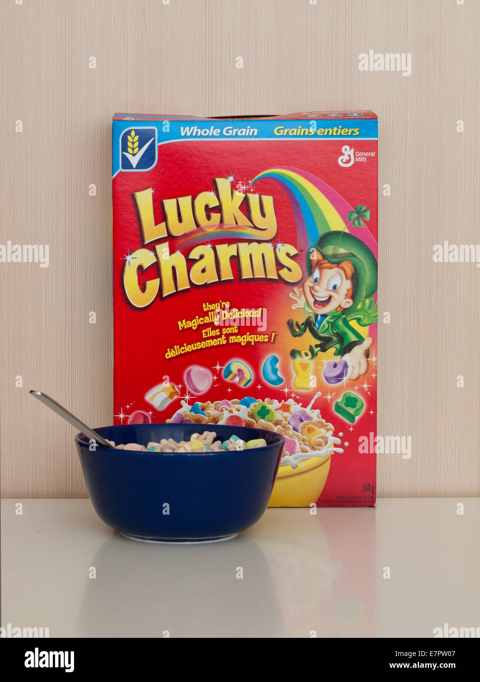 A box and bowl of Lucky Charms cereal, produced by General Mills, Inc. Stock Photo