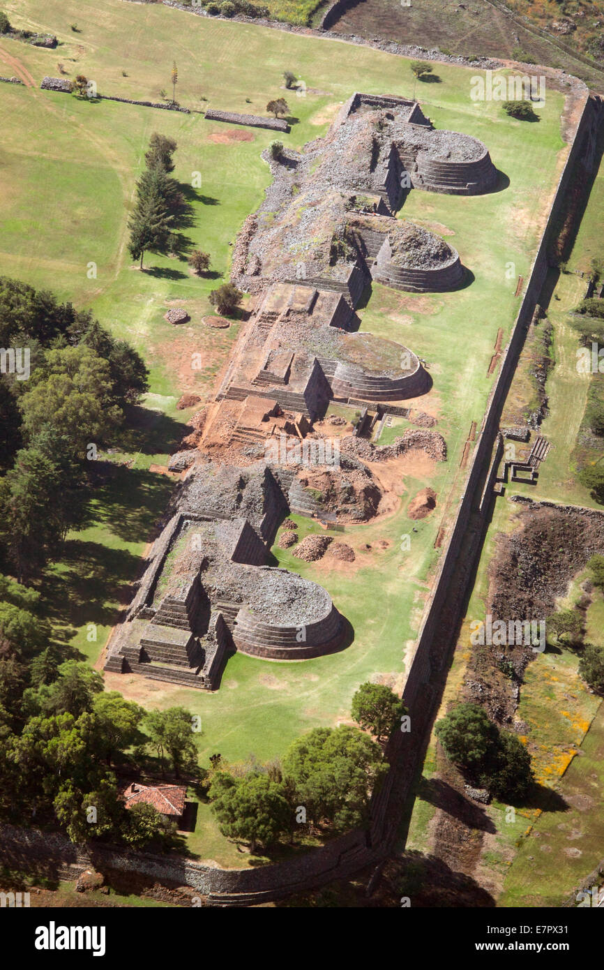 Aerial view of the Tarascan ruins at Tzintzuntzan, Michoacan, Mexico. Stock Photo