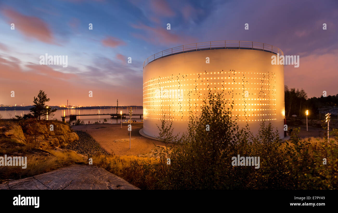An old oil tank transformed into light work of art in Laajasalo, Helsinki, Finland, Europe, EU Stock Photo