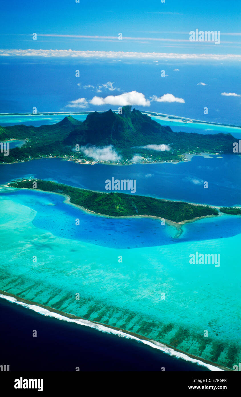 Aerial view of Bora Bora Island anchored in blue South Pacific in the French Polynesia archipelago also called Society Islands Stock Photo