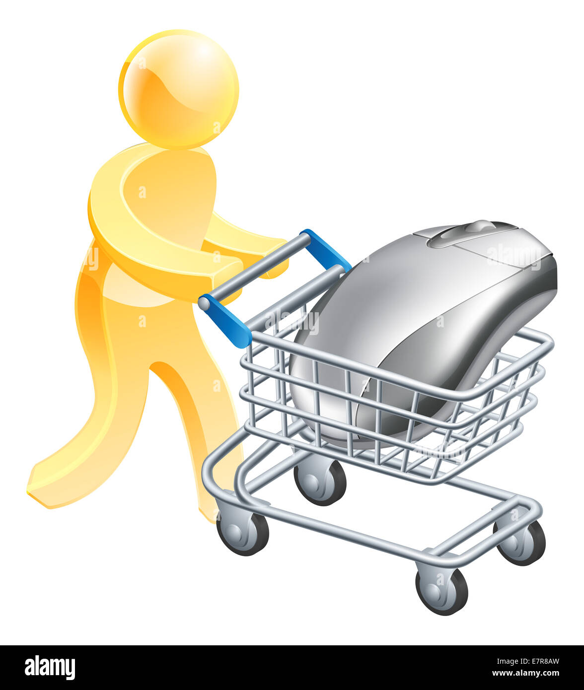 A man pushing shopping cart or trolley with a computer mouse. Concept for shopping