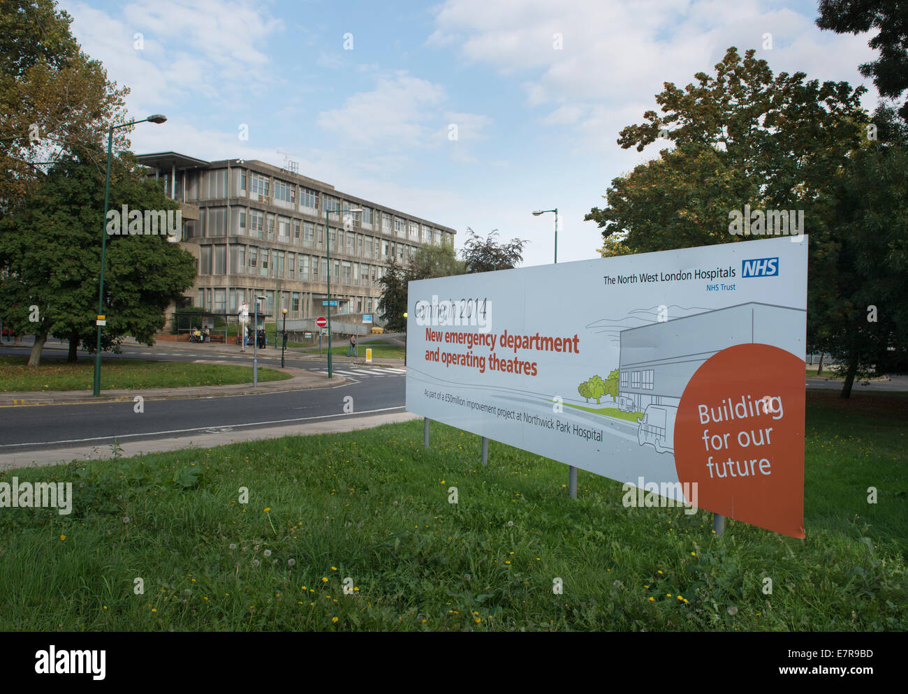Signs announce new Emergency Department and Wards at Northwick Park Hospital Harrow opening in 2014 Stock Photo