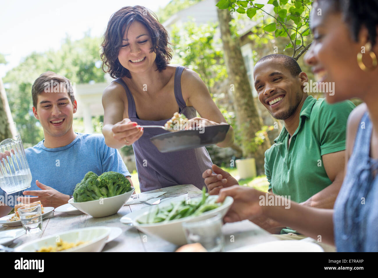 A family gathering, men, women and children around a table in a garden in summer. Stock Photo