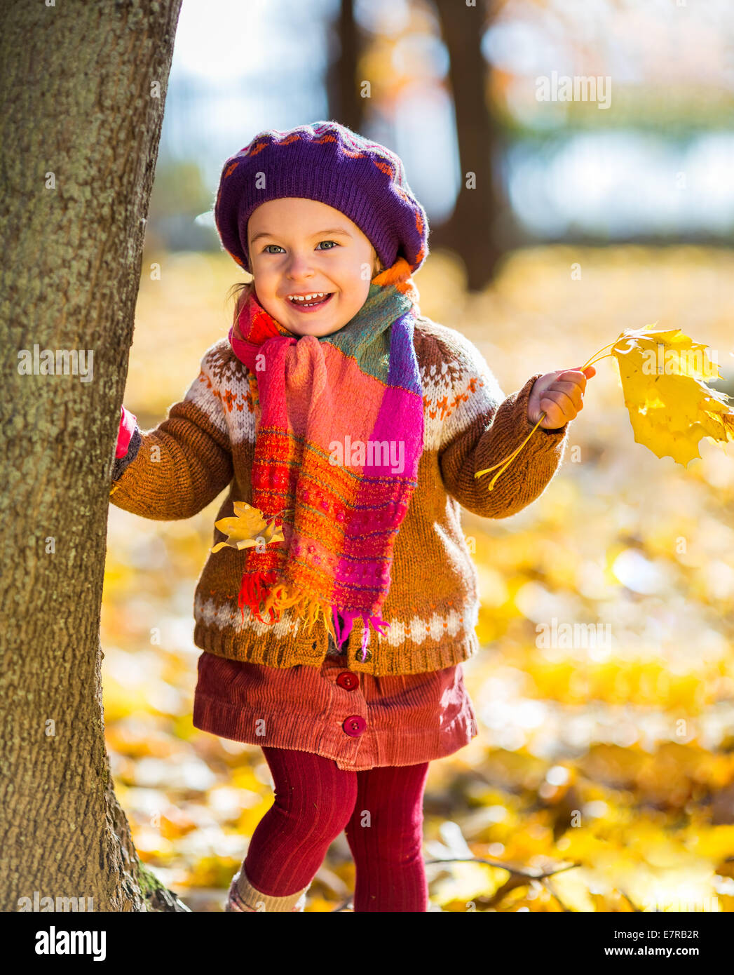 Happy little girl playing in the autumn park Stock Photo - Alamy