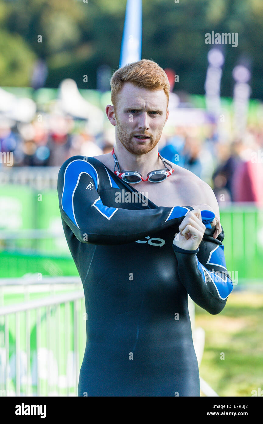 Male Triathlete ready for the start of the Brownlee Tri North Triathlon at Harewood house Leeds, UK Sept 21st 2014 Stock Photo