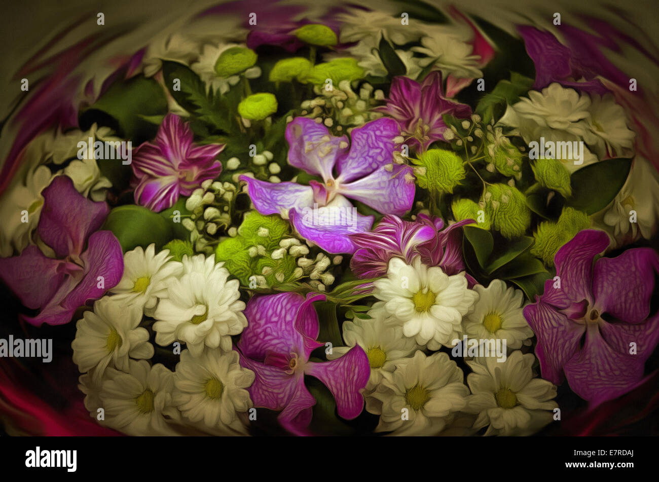 Illustrations flowers bouquet, Alstroemeria, white Chrysanthemum, painting, orchid Stock Photo