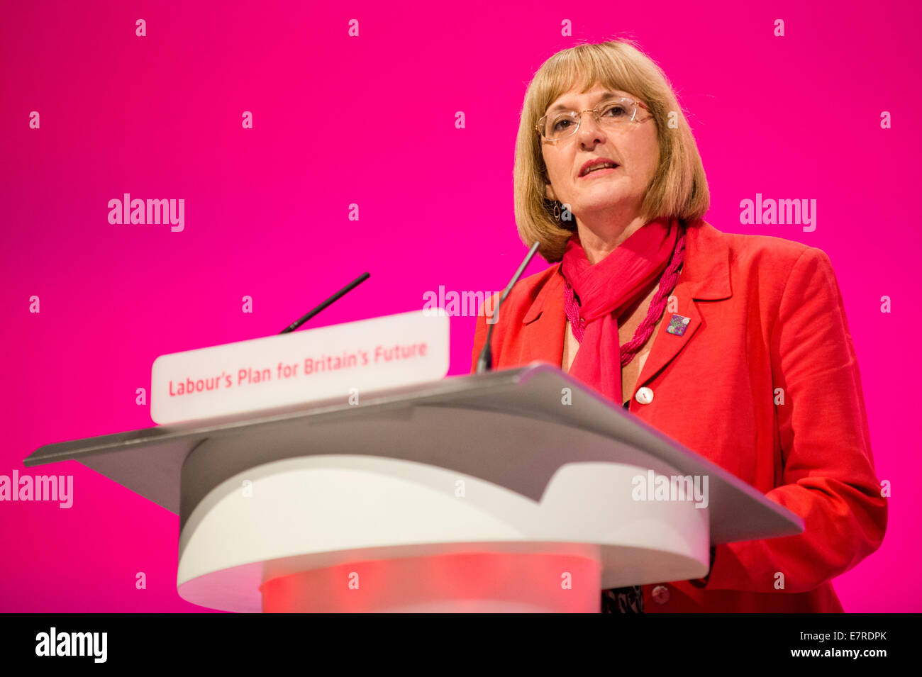 Manchester, UK. 23rd September, 2014. Diana Holland, Treasurer of the Labour Party, addresses the auditorium on day three of the Labour Party's Annual Conference taking place at Manchester Central Convention Complex Credit:  Russell Hart/Alamy Live News. Stock Photo