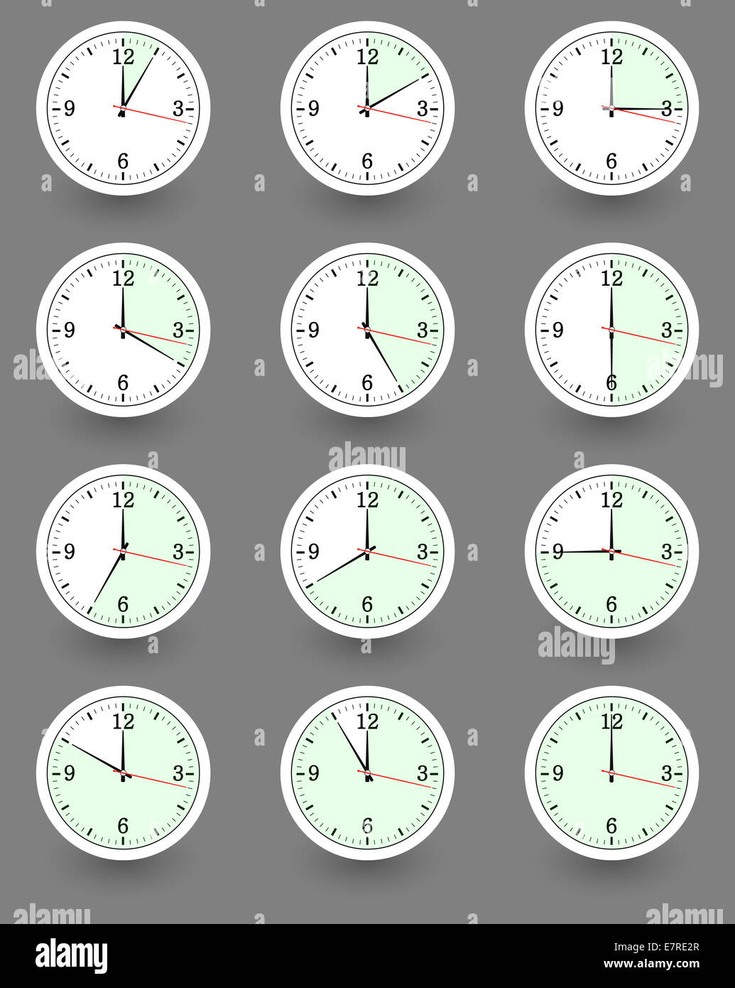 Twelve clocks showing different time. Vector Stock Photo Alamy