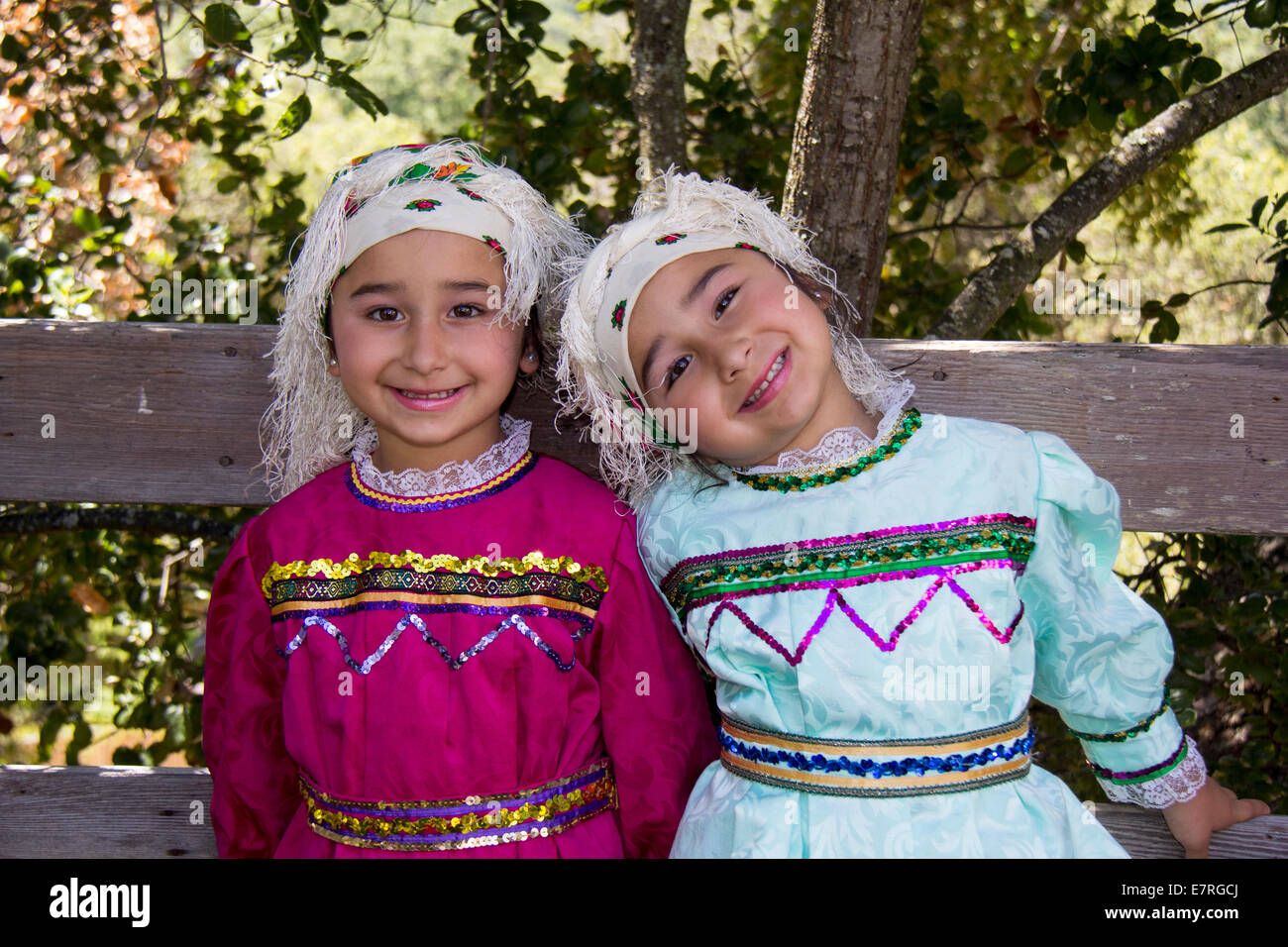 2, two, Greek-American girls, Greek-Americans, girls, dancers, folk dancers, Marin Greek Festival, Novato, Marin County, California Stock Photo