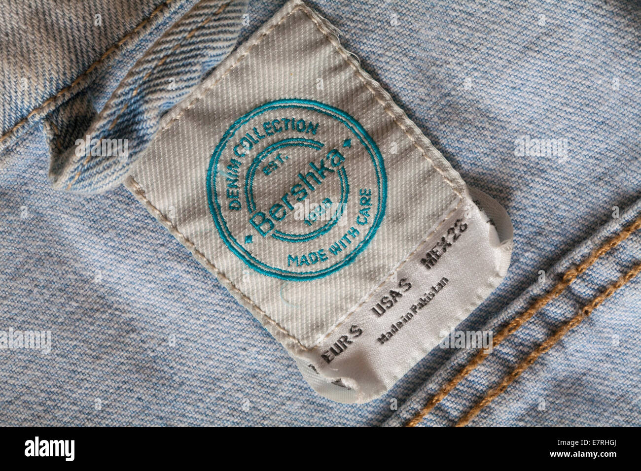 Denim collection Bershka Made with Care Made in Pakistan - sold in the UK United Kingdom, Great Britain Stock Photo