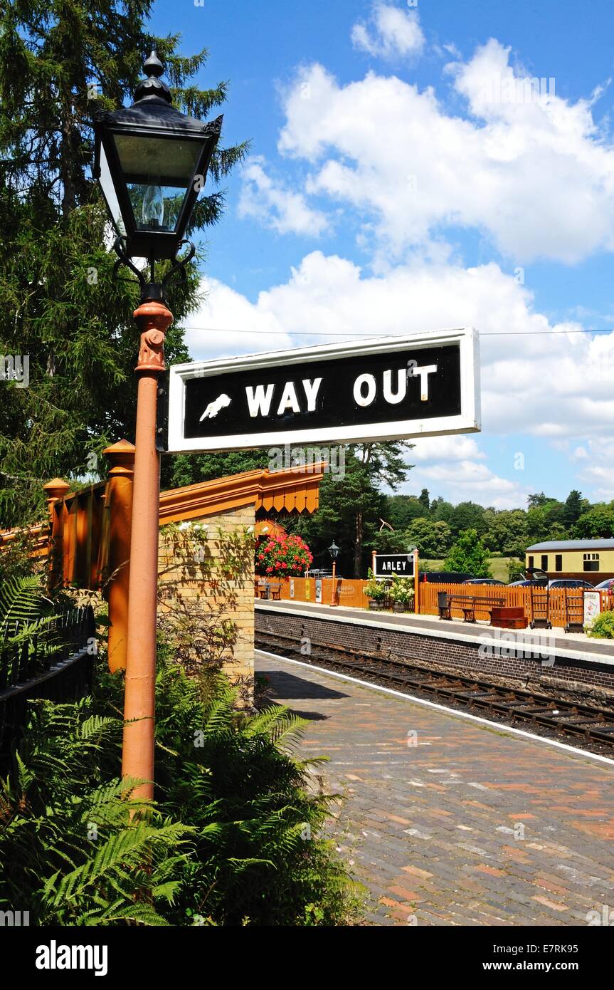 Way out sign at railway station, Severn Valley Railway, Arley, Worcestershire, England, UK. Stock Photo