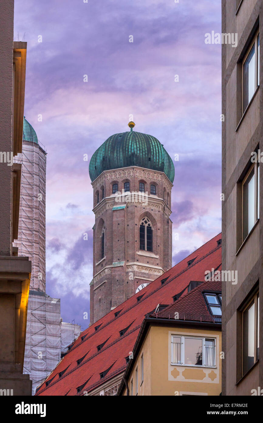 Tower of the Frauenkirche in Munich, germany during Sunset Stock Photo ...