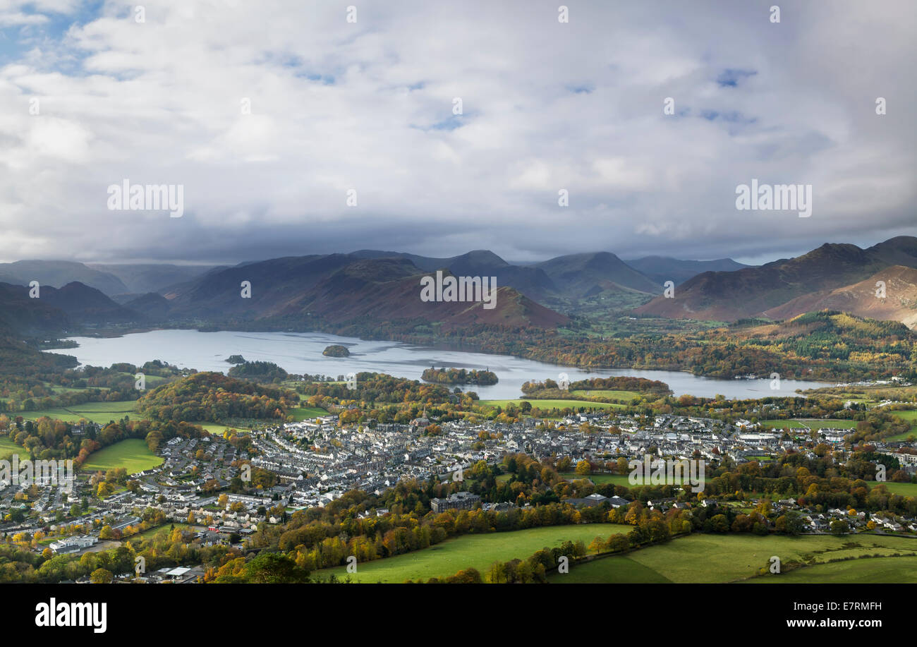 Early morning view of Keswick & Derwent Water from Latrigg, Lake District, Cumbria, UK Stock Photo