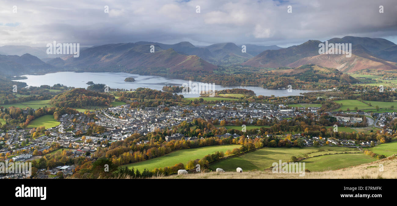 Panoramic autumn view of Keswick, Derwent Water, Borrowdale and the Newland Valley fells. Lake District, Cumbria, UK Stock Photo