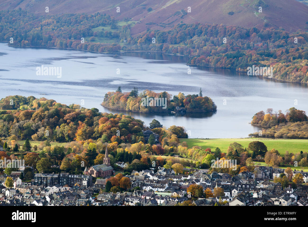 View of Keswick & Derwent Water from Latrigg, Lake District, Cumbria, UK Stock Photo