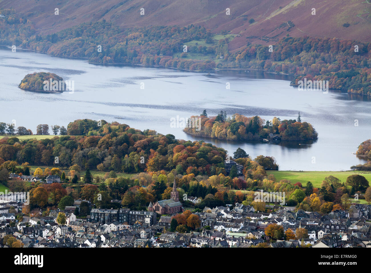 View of Keswick & Derwent Water from Latrigg, Lake District, Cumbria, UK Stock Photo