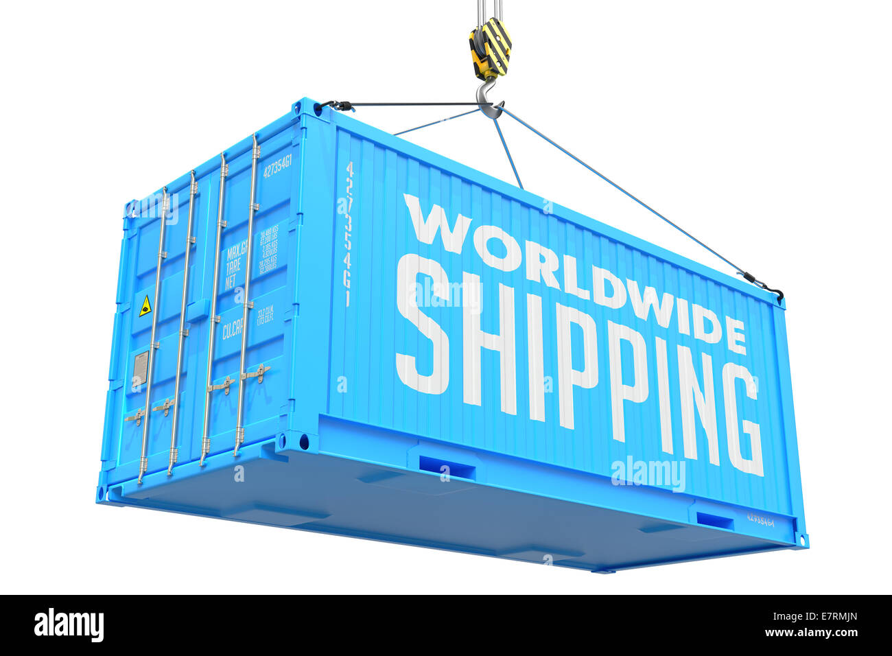 World Wide Delivery - Blue Hanging Cargo Container. Stock Photo