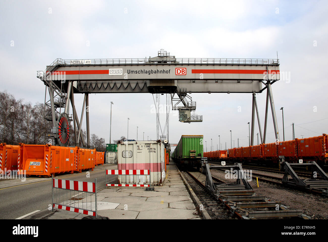 Railroad container terminal with bridge crane and freight cars, Karlsruhe, Germany, Jan. 29, 2009. Stock Photo