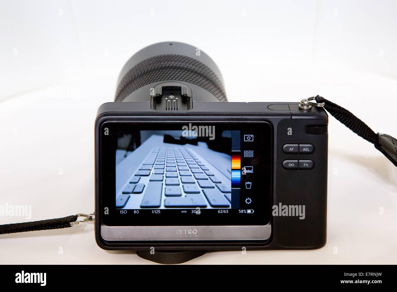 Lytro Illum Light Field Camera at the trade fair Photokina in Cologne, in September 2014. This camera is capable of focusing a picture after it's taken. Stock Photo