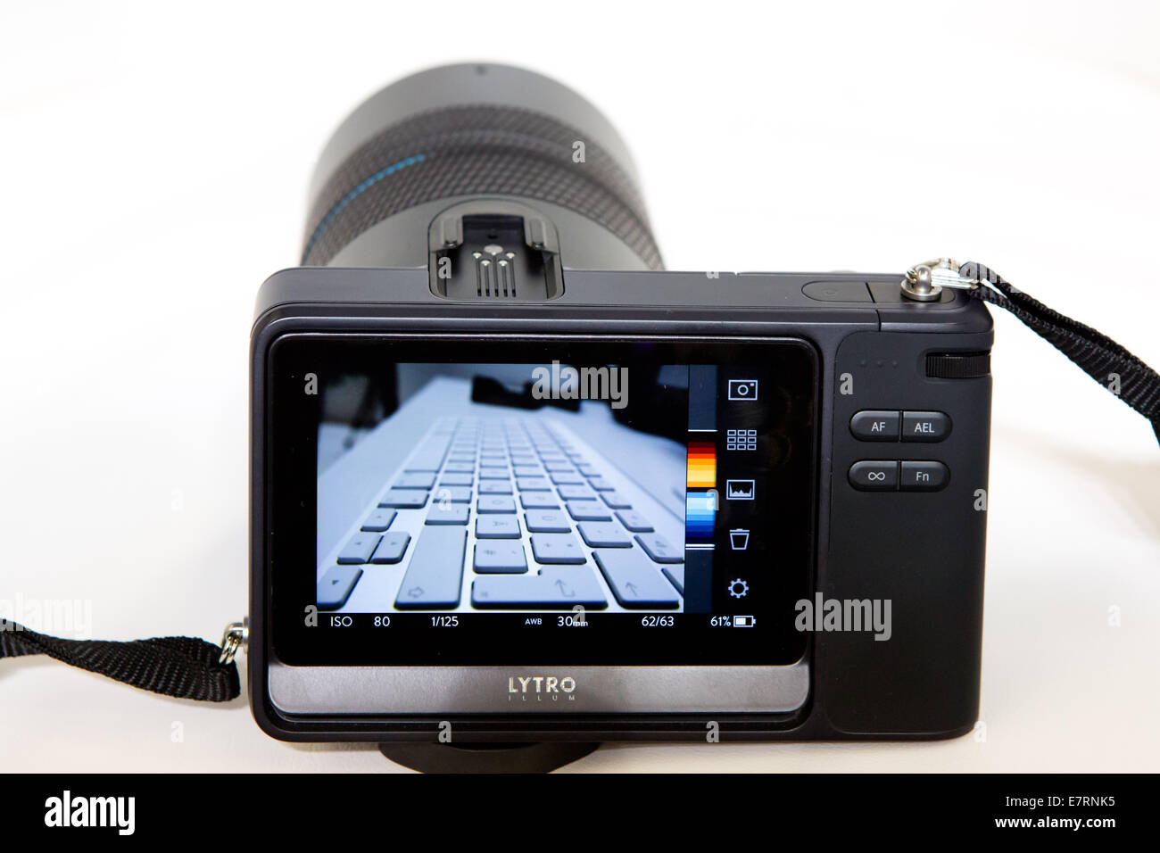 Lytro Illum Light Field Camera at the trade fair Photokina in Cologne, in September 2014. This camera is capable of focusing a picture after it's taken. Stock Photo