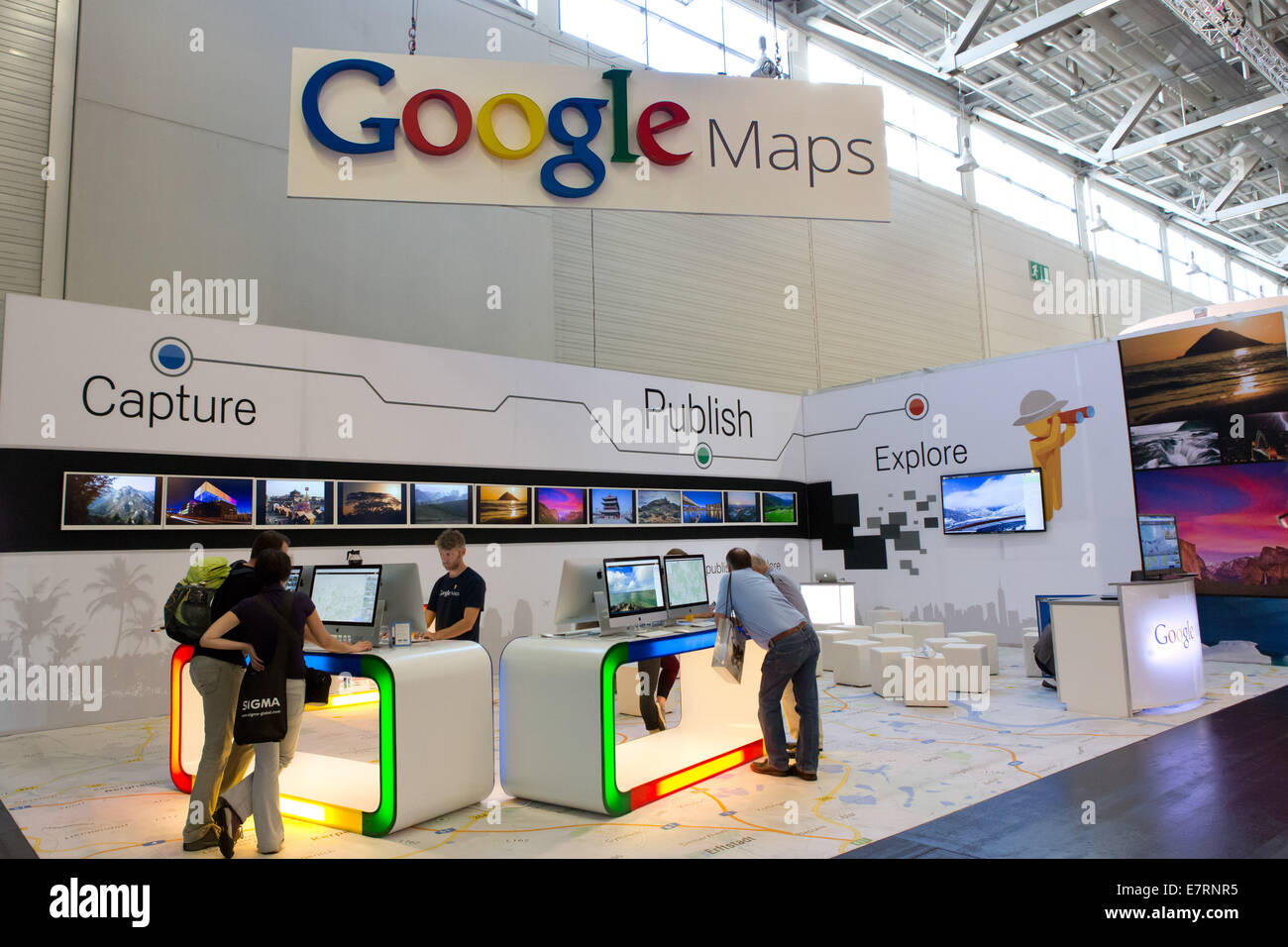 Google Maps booth at the trade fair Photokina in Cologne, in September 2014. Stock Photo