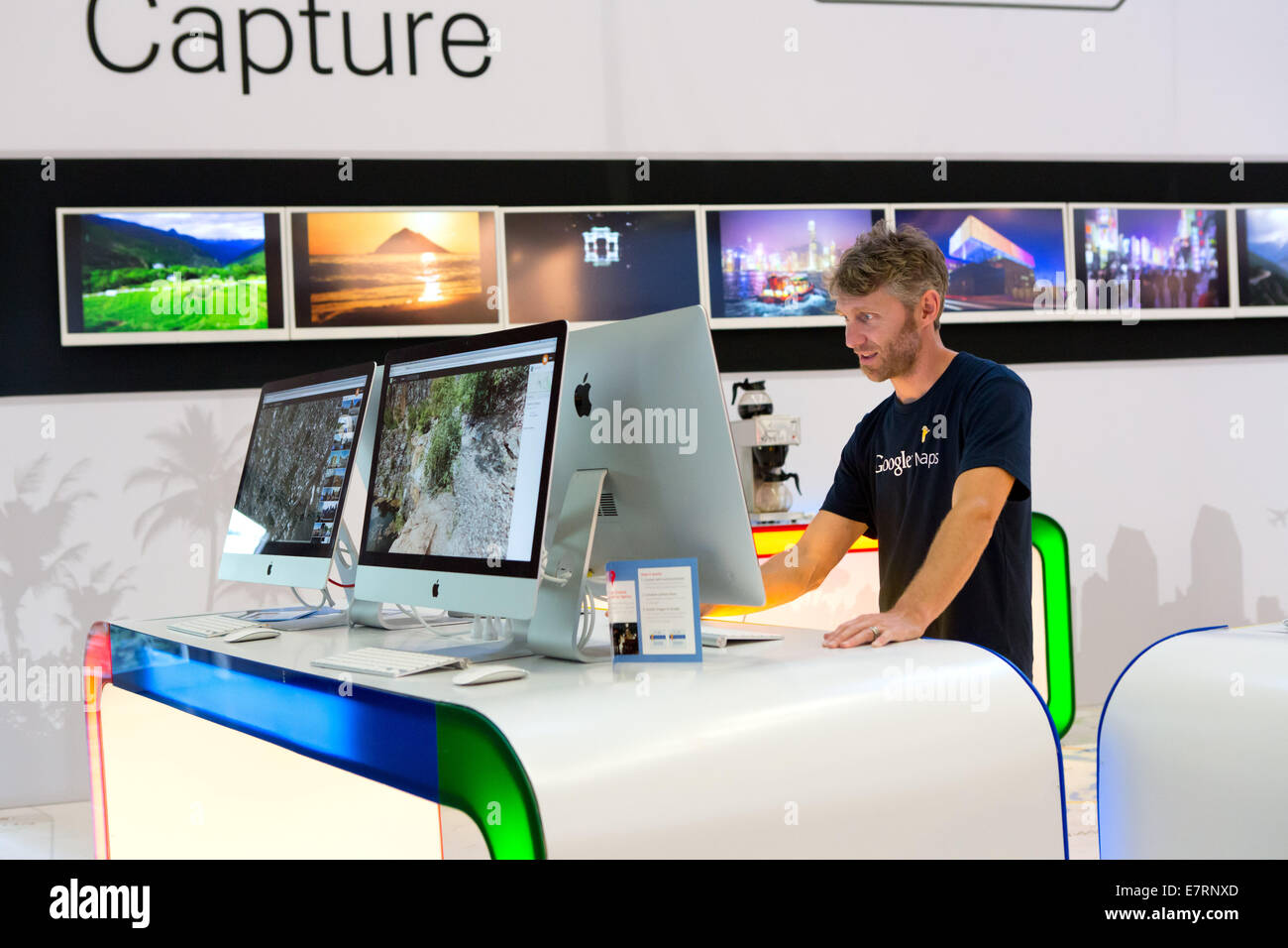 Google Maps booth at the trade fair Photokina in Cologne, in September 2014. Stock Photo
