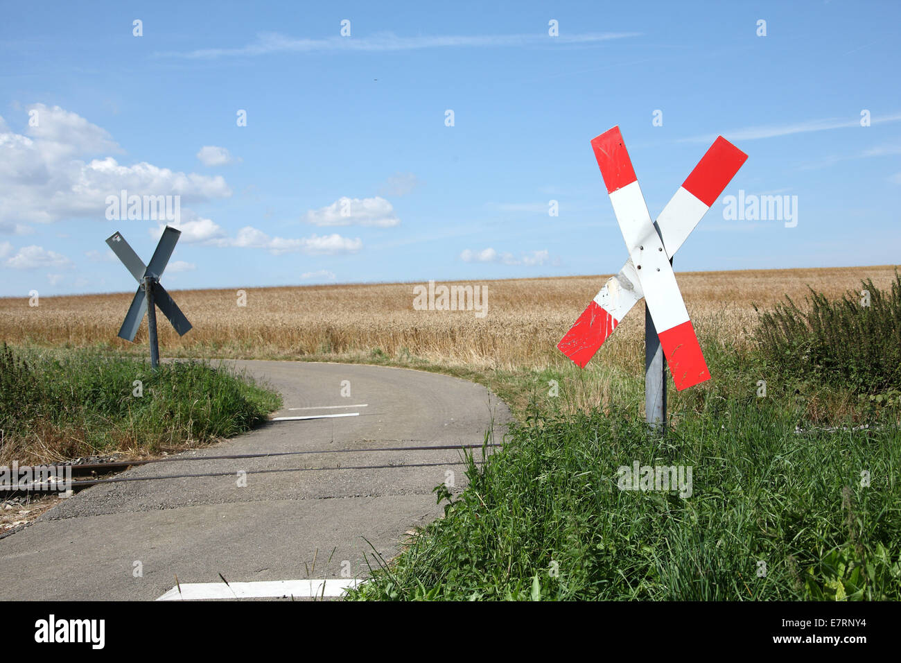 railroad crossing without gates, Gerstetten, Germany, Aug. 16, 2009. Stock Photo