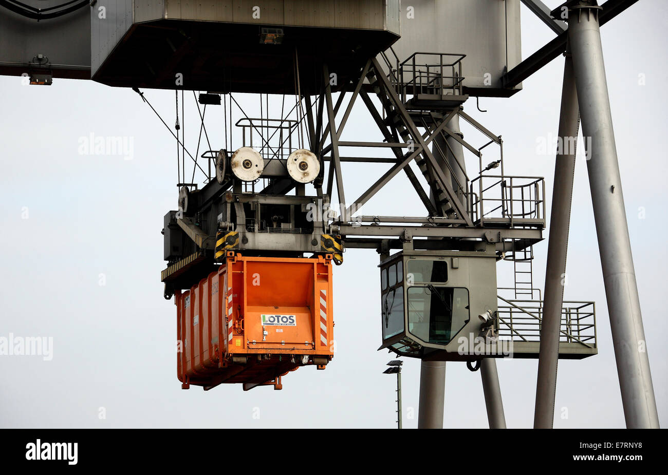 Railroad container terminal with bridge crane and freight cars, Karlsruhe, Germany, Jan. 29, 2009. Stock Photo