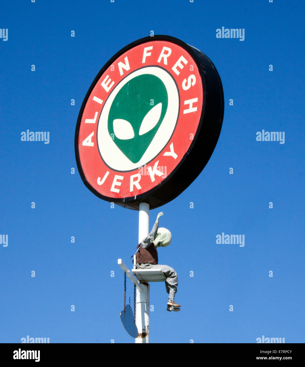 Alien Fresh Jerky in Baker, California, is a quirky roadside stop featuring UFO-themed decor, statues, and fun alien attractions. Stock Photo