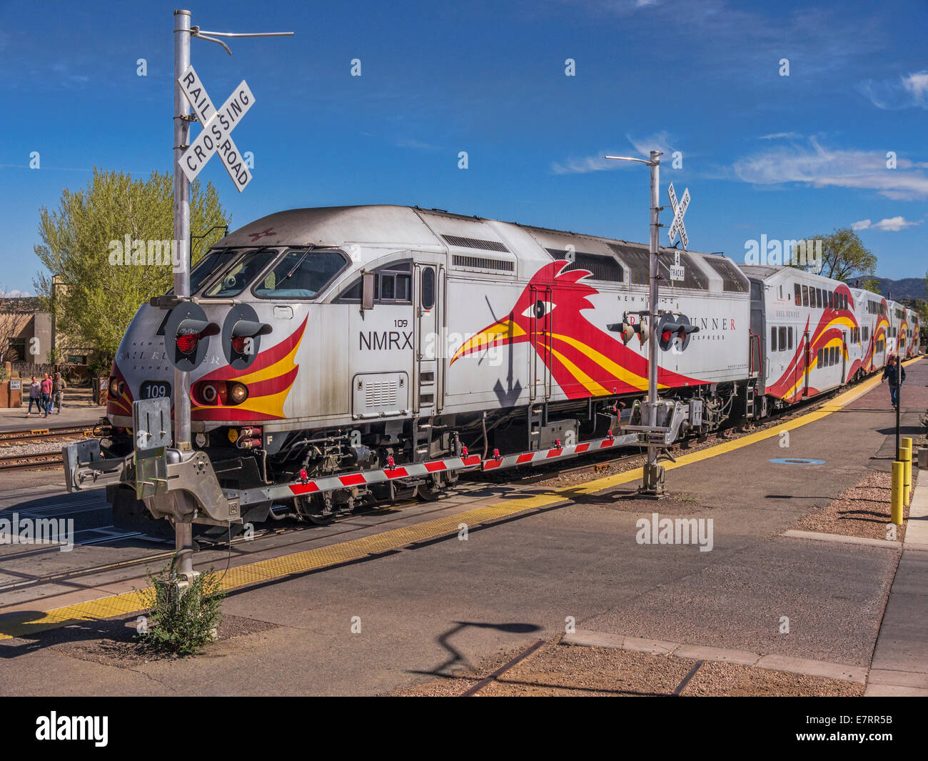 Rail Runner train leaving Santa Fe Station, New Mexico. Stock Photo