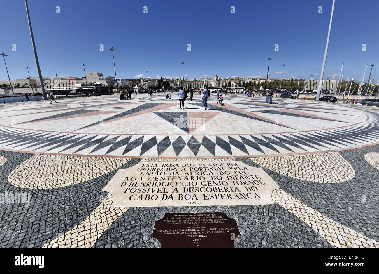 Portugal, Lisbon, Belem, windrose, dial rose, compass rose, people, tourists, memory, discoveries, Prince Henry the Navigator, sun, sunny, bright light, discovering Lisbon, monumental, portuguese history, present of South Africa, travel, tourism, portugues Stock Photo